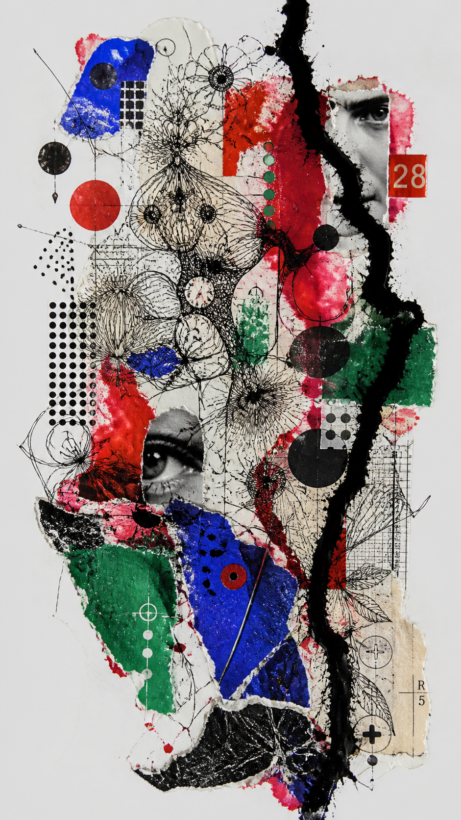 A highly complex, abstract mixed-media collage illustration, fusing traditional… AI image prompt example